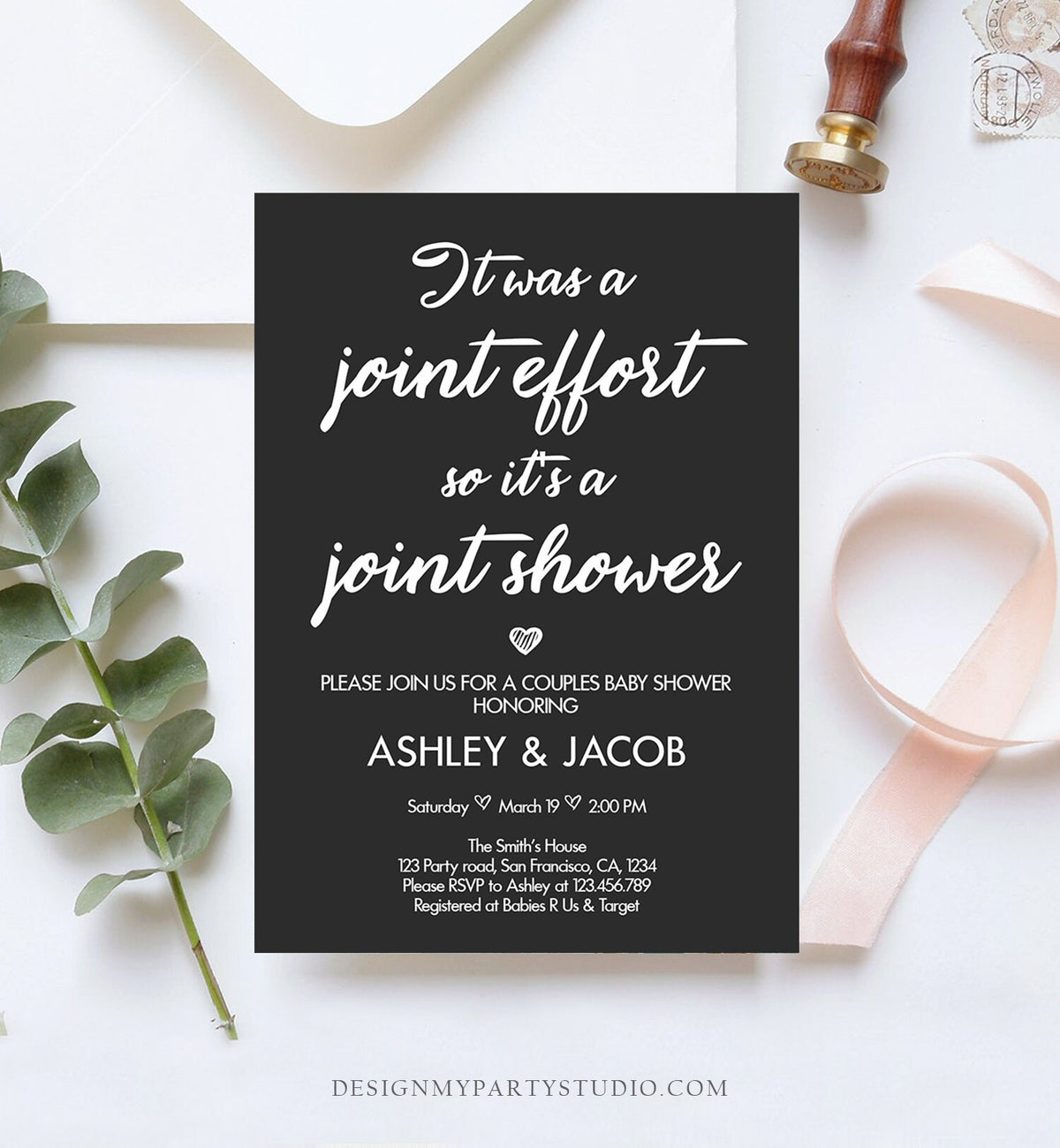 Editable Couples Baby Shower Invitation Coed Baby Shower Joint Funny Black Modern Simple Neutral Download Template Corjl Printable 0311