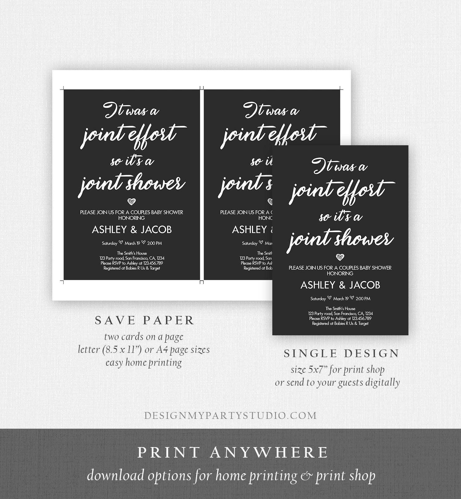 Editable Couples Baby Shower Invitation Coed Baby Shower Joint Funny Black Modern Simple Neutral Download Template Corjl Printable 0311