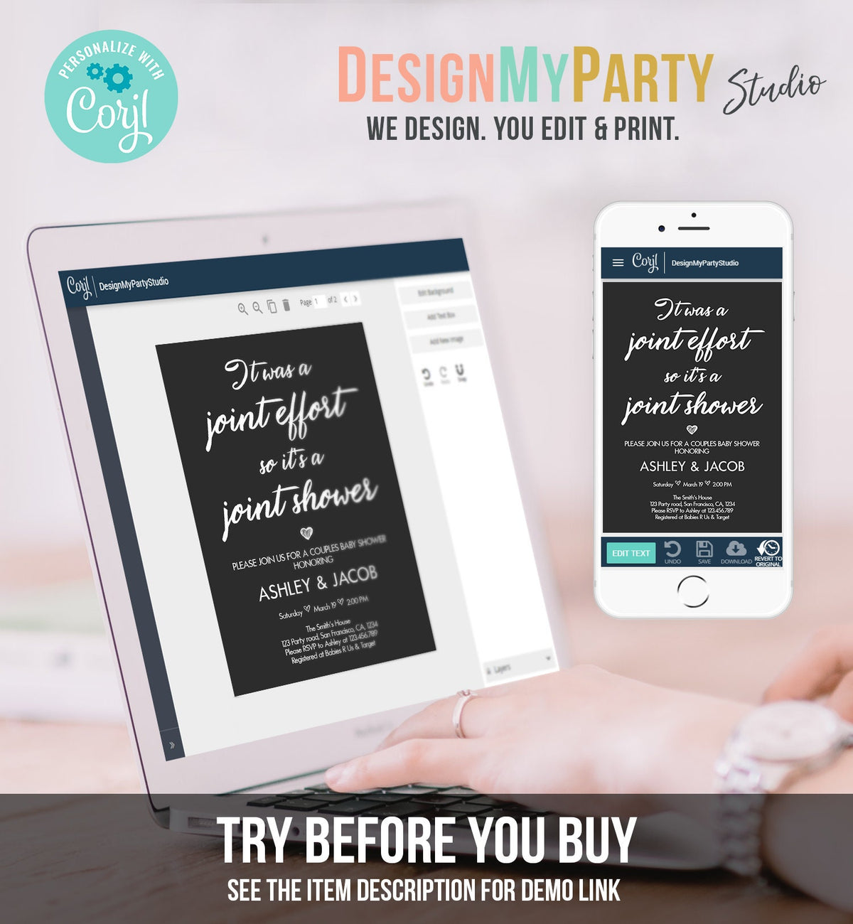 Editable Couples Baby Shower Invitation Coed Baby Shower Joint Funny Black Modern Simple Neutral Download Template Corjl Printable 0311