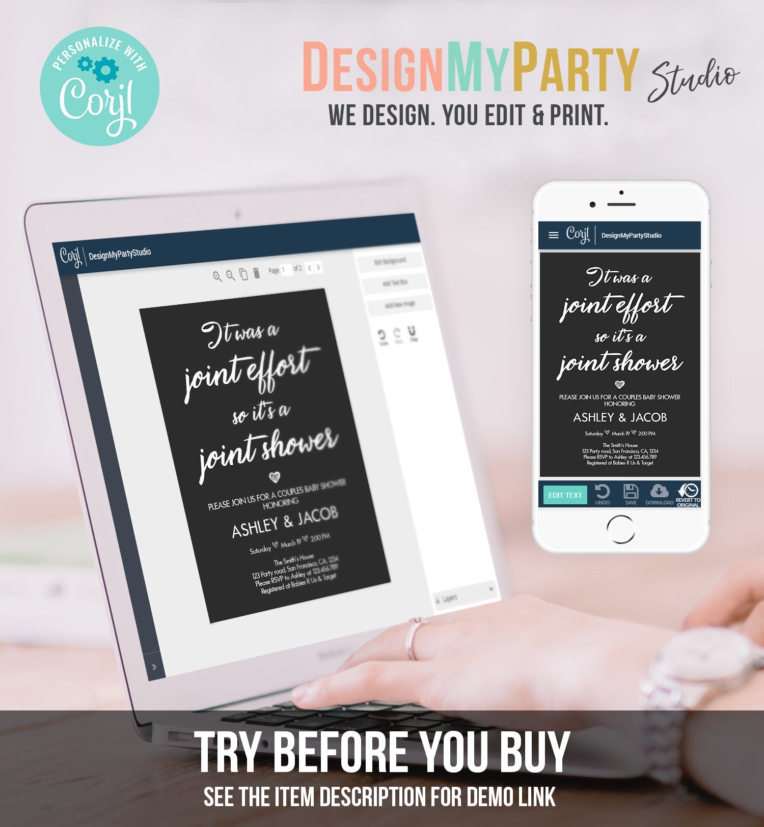 Editable Couples Baby Shower Invitation Coed Baby Shower Joint Funny Black Modern Simple Neutral Download Template Corjl Printable 0311