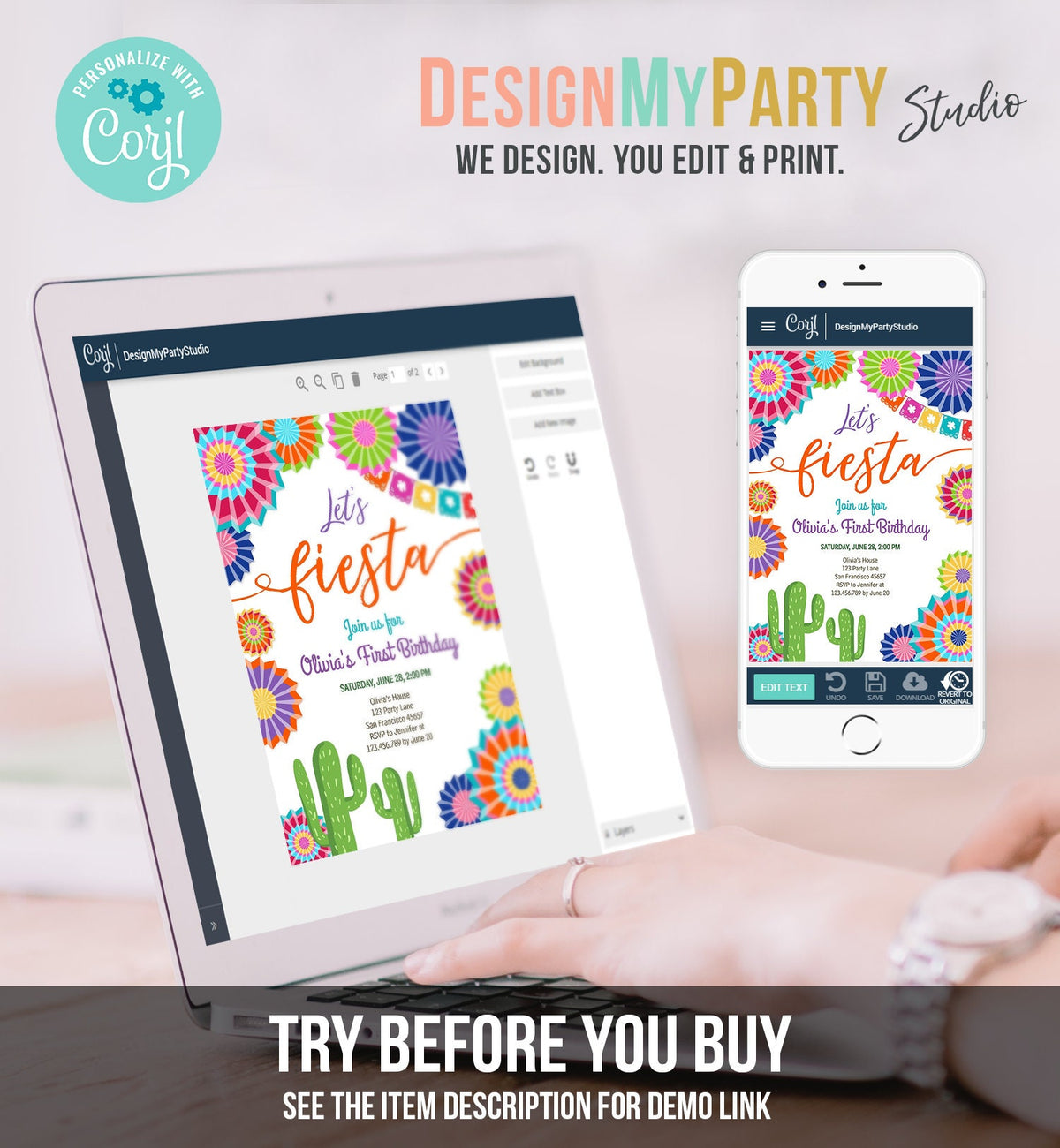 Editable Let&#39;s Fiesta Birthday Invitation ANY AGE Girl First Birthday Uno Cactus Cinco Mayo Mexican Download Corjl Template Printable 0236