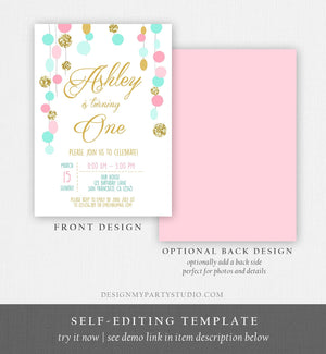 Editable Birthday Invitation Girl Confetti Pink Mint Gold First Birthday 1st Birthday Simple Printable Invite Template Corjl Digital 0245