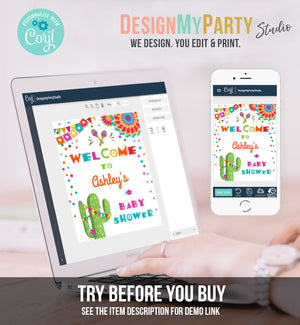 Editable Fiesta Welcome Sign Baby Shower Birthday Bridal Shower Cactus Mexican Fiesta Sign Boy Girl Pink Corjl Template Printable 0045