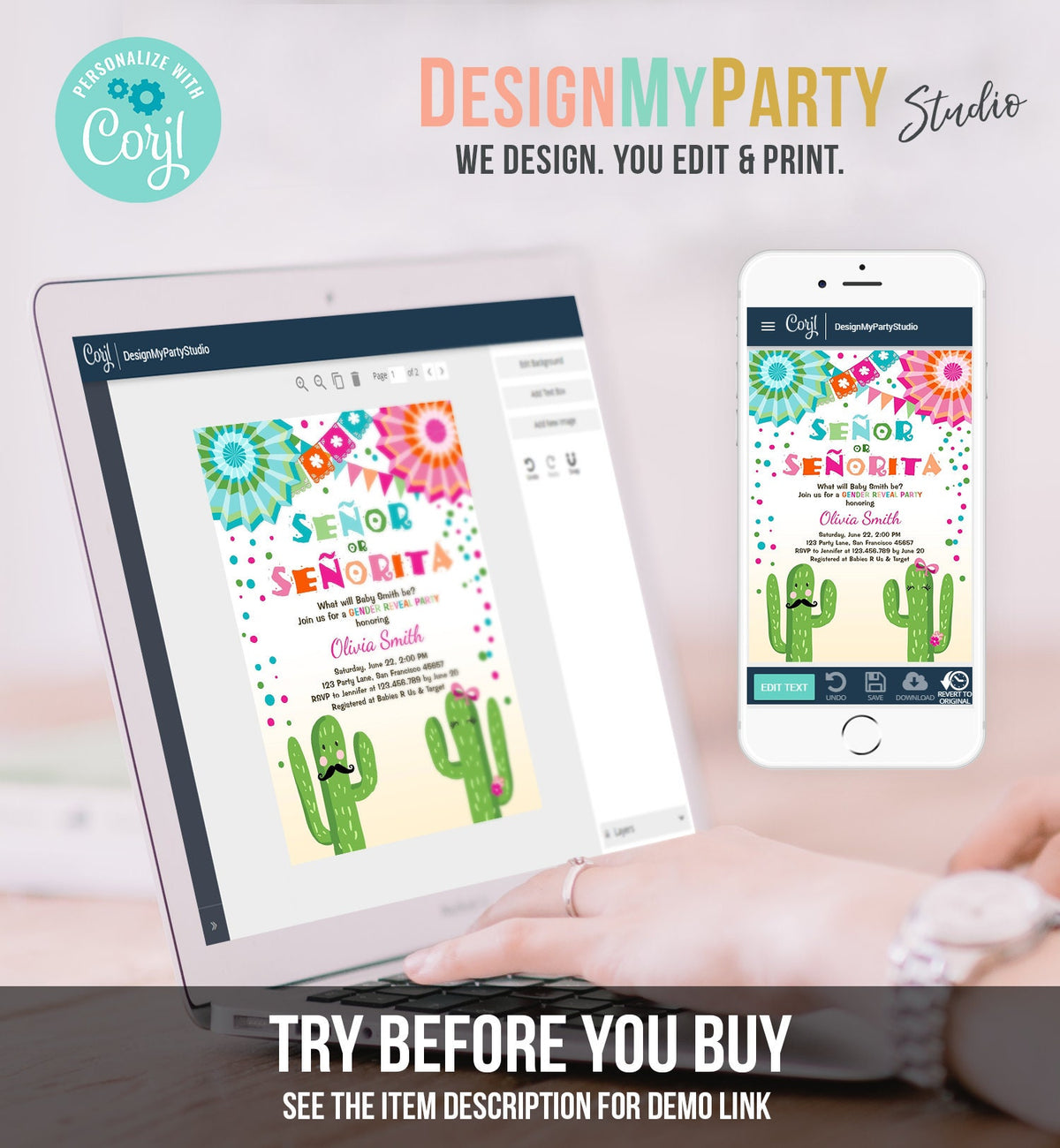 Editable Señor Or Señorita Gender Reveal Invitation Fiesta Boy or Girl Cactus Mexican Senor Senorita Blue Pink Confetti Corjl Template 0045