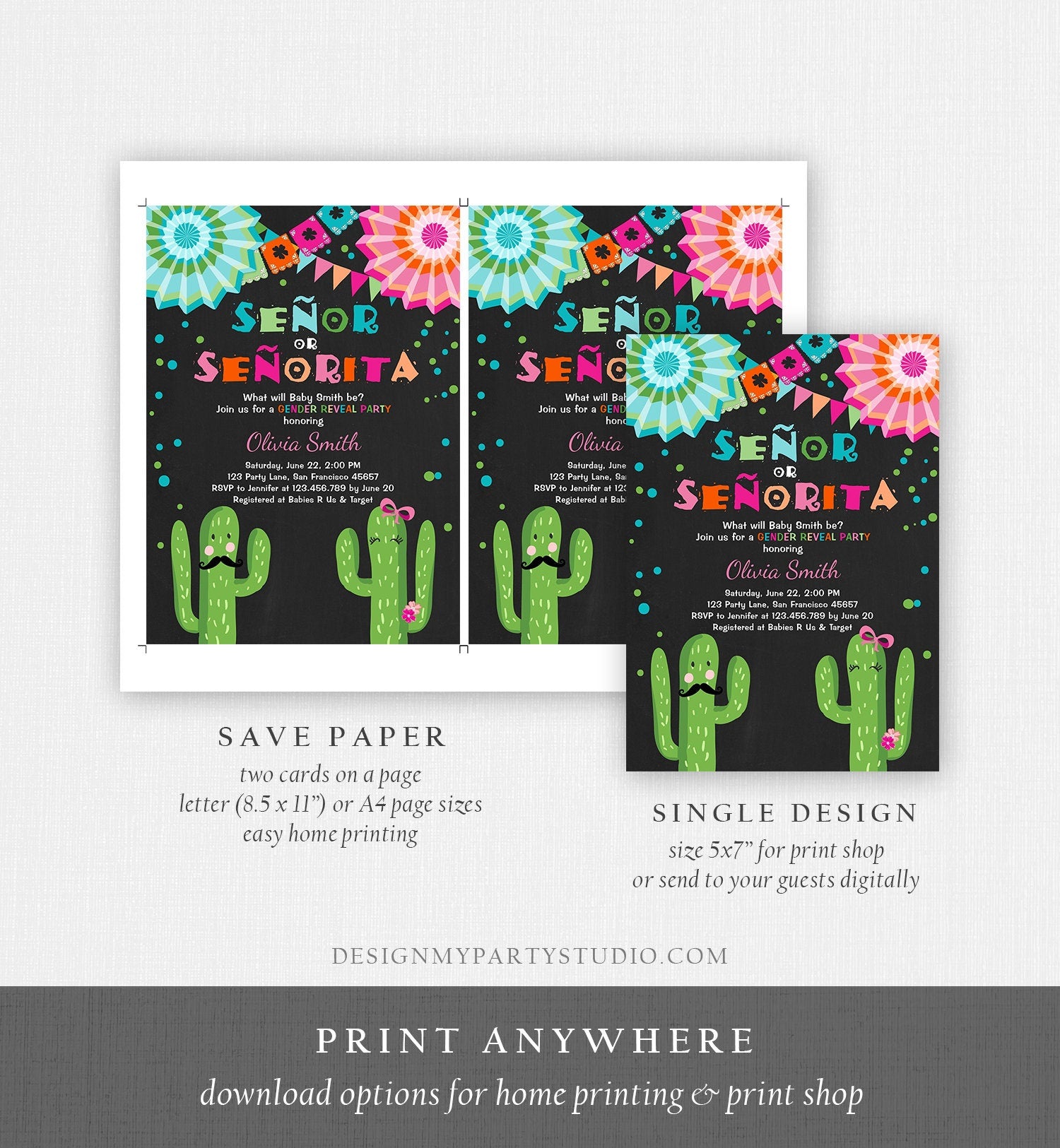 Editable Señor Or Señorita Gender Reveal Invitation Fiesta Boy Girl Cactus Mexican Senor Senorita Blue Pink Digital Template Printable 0045