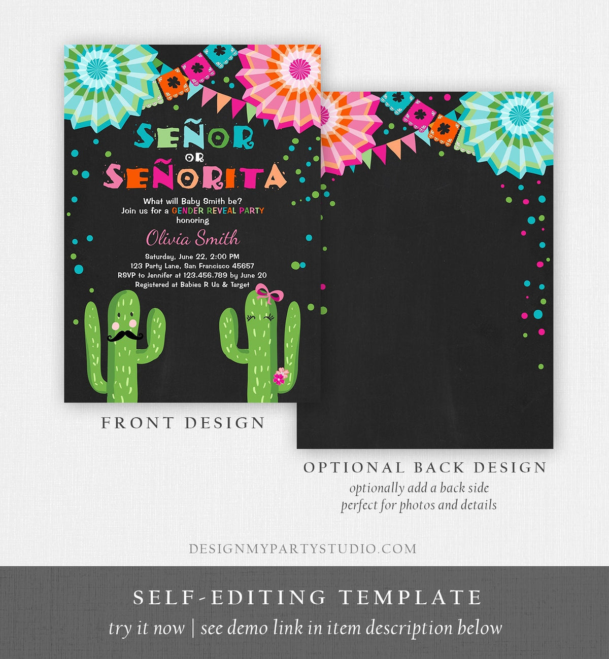 Editable Señor Or Señorita Gender Reveal Invitation Fiesta Boy Girl Cactus Mexican Senor Senorita Blue Pink Digital Template Printable 0045