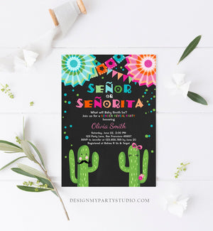 Editable Señor Or Señorita Gender Reveal Invitation Fiesta Boy or Girl Cactus Mexican Senor Senorita Blue Pink Confetti Corjl Template 0045