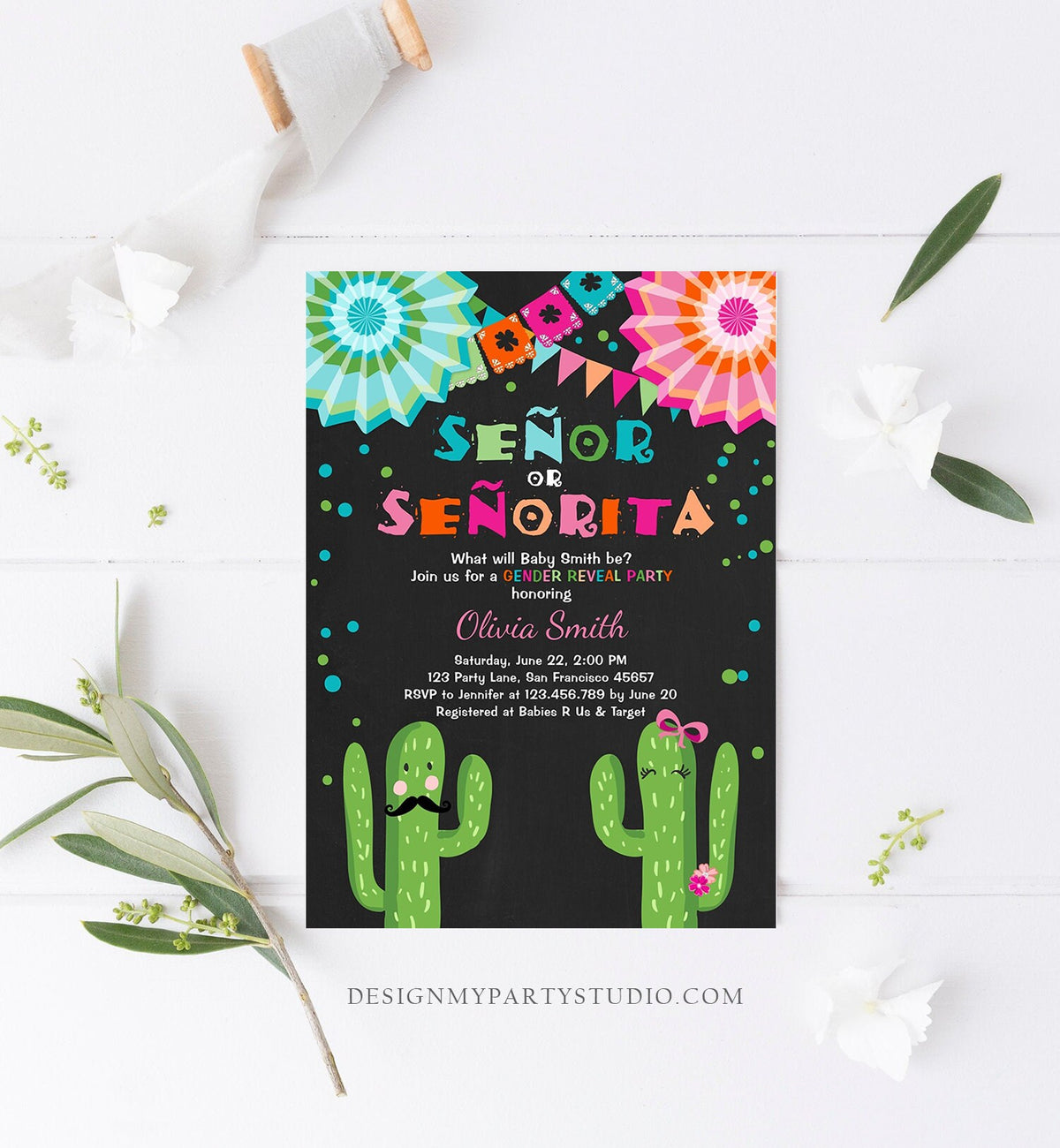 Editable Señor Or Señorita Gender Reveal Invitation Fiesta Boy Girl Cactus Mexican Senor Senorita Blue Pink Digital Template Printable 0045