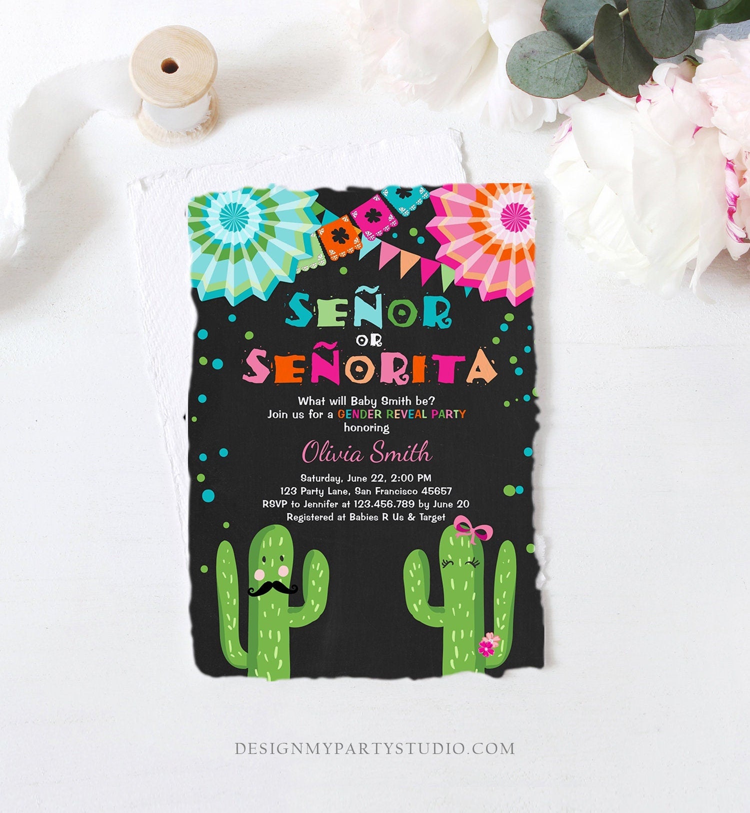 Editable Señor Or Señorita Gender Reveal Invitation Fiesta Boy Girl Cactus Mexican Senor Senorita Blue Pink Digital Template Printable 0045