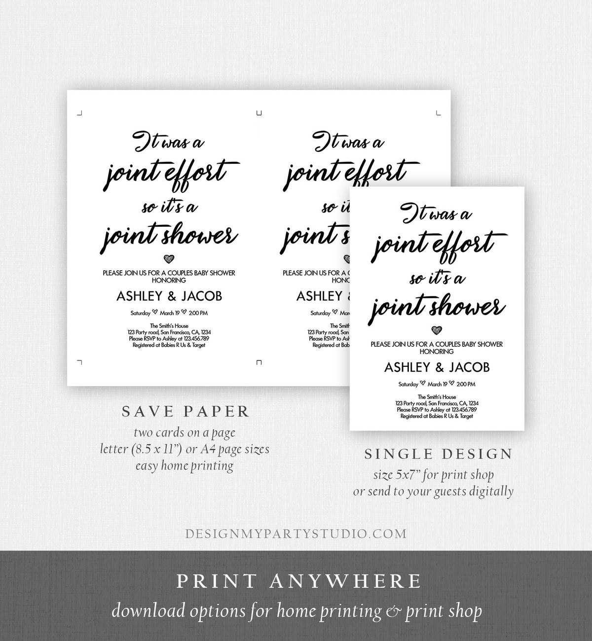 Editable Couples Baby Shower Invitation Coed Baby Shower Joint Funny White Modern Simple Neutral Download Evite Template Printable 0311
