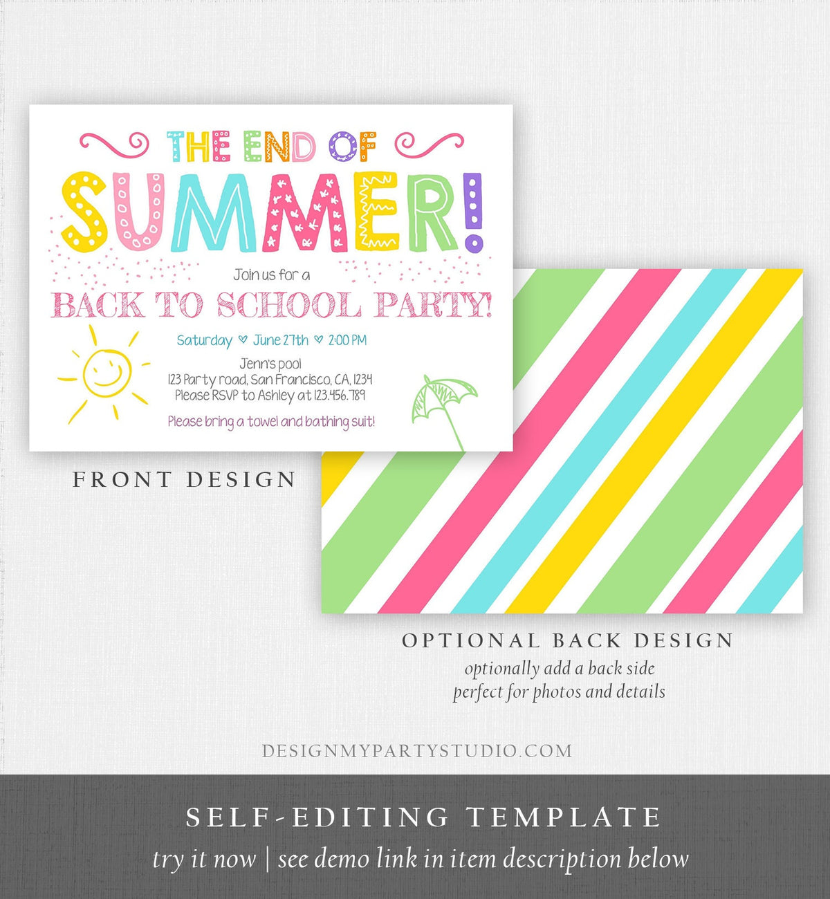 Editable End Of The Summer Pool Party Invitation Back to School Splish Splash Birthday Swimming Download Corjl Template Printable 0156