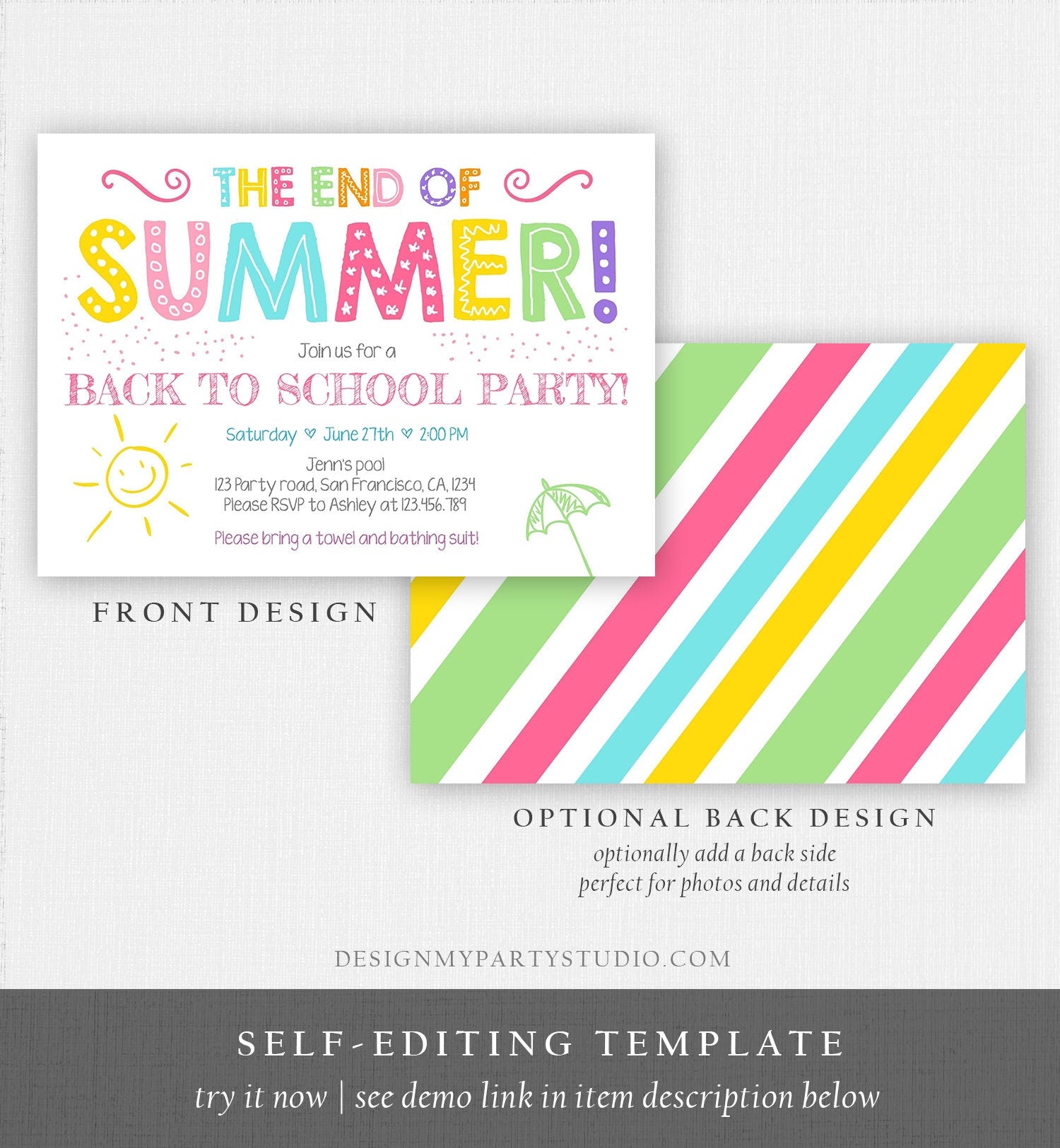 Editable End Of The Summer Pool Party Invitation Back to School Splish Splash Birthday Swimming Download Corjl Template Printable 0156
