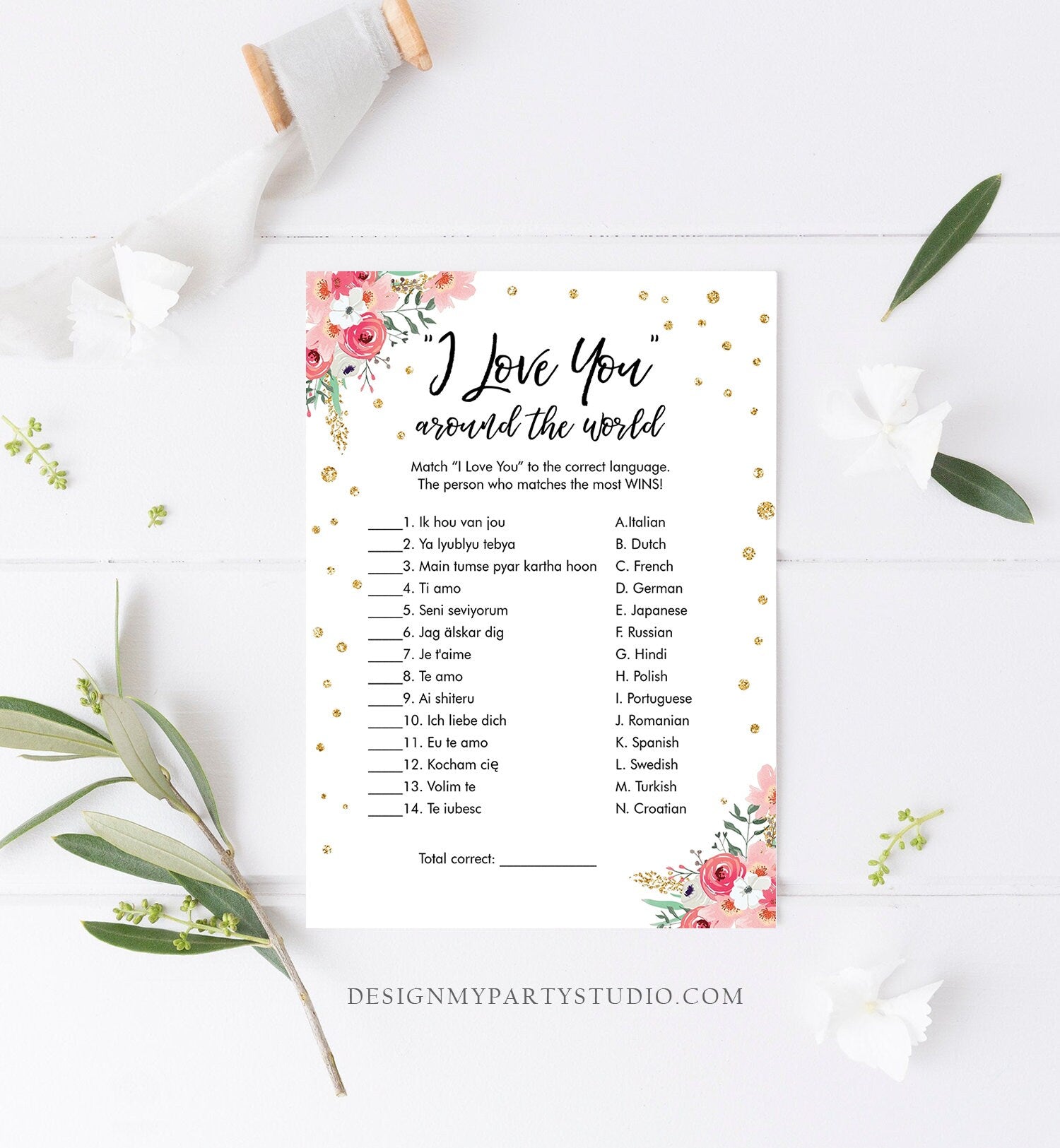 Editable Travel Bridal Shower Game I Love You Around the World Wedding Shower Activity Floral Bachelorette Corjl Printable 0030 0318