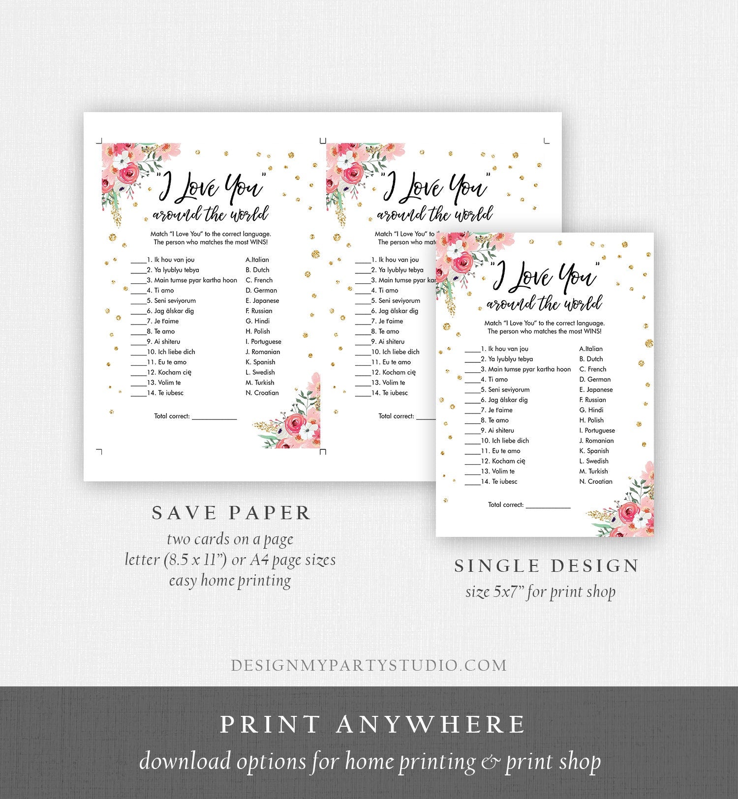 Editable Travel Bridal Shower Game I Love You Around the World Wedding Activity Floral Bachelorette Digital Template Printable 0030 0318