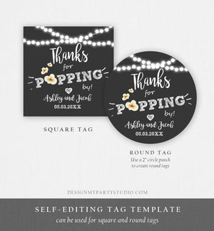 Editable Thanks For Popping By Gift Popcorn Favor Tag String Lights Bridal Shower Wedding Birthday Party Stickers Template Corjl 0110