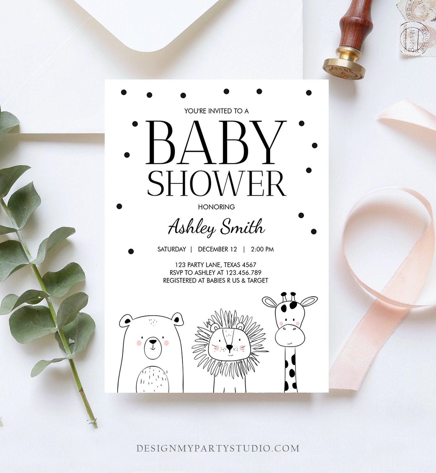 Editable Baby Shower Invitation Animals Cute Safari Animal Woodland Zoo Jungle Gender Neutral Modern Template Download Digital Corjl 0039
