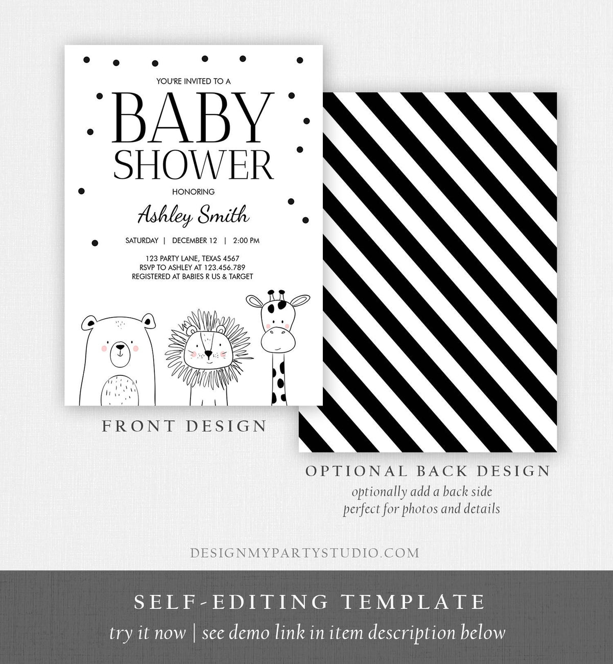 Editable Baby Shower Invitation Animals Cute Safari Animal Woodland Zoo Jungle Gender Neutral Modern Template Download Digital Corjl 0039