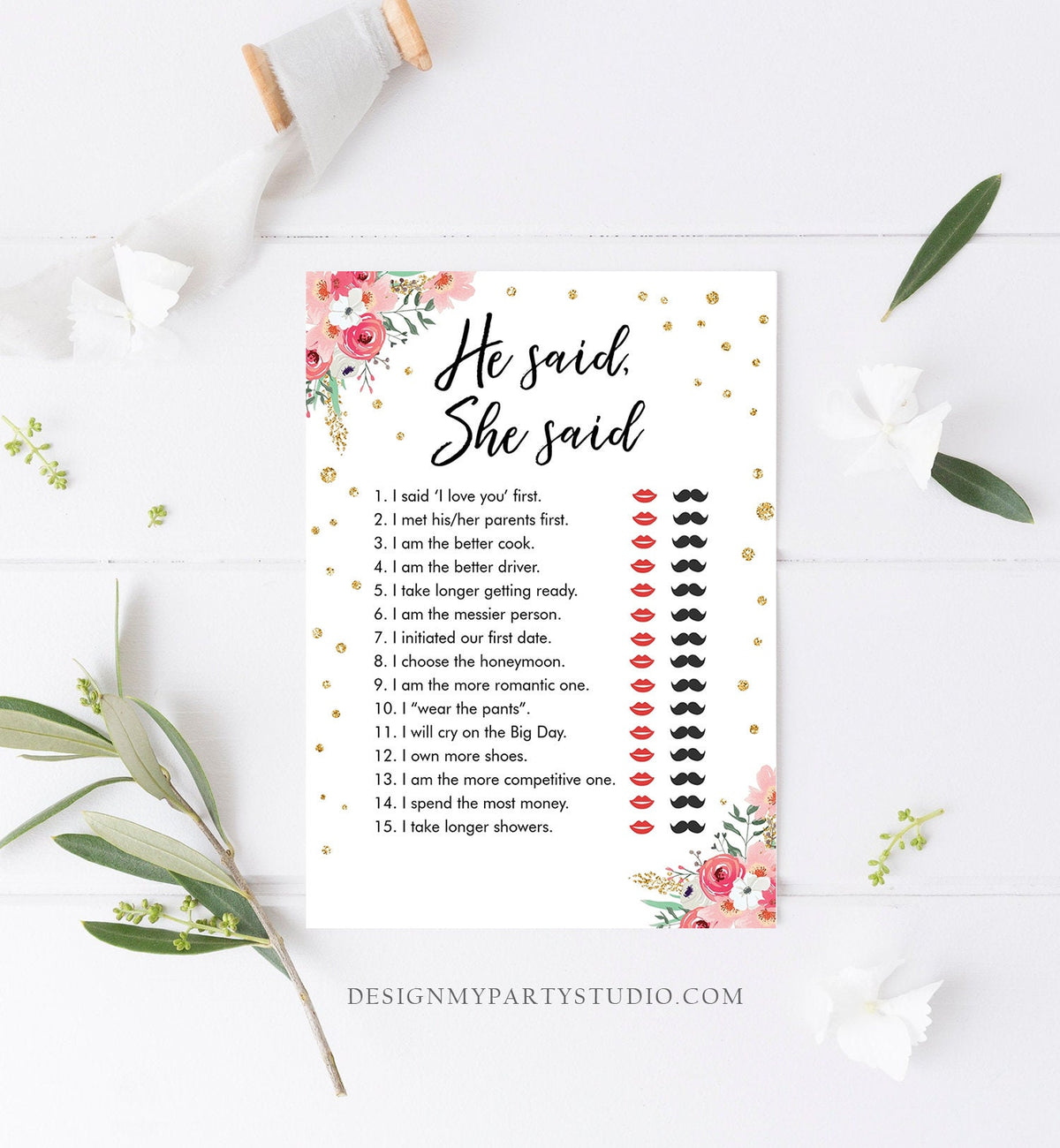 Editable He Said She Said Bridal Shower Game Floral Bride or Groom Wedding Activity Who said it Digital Template Printable 0030 0318