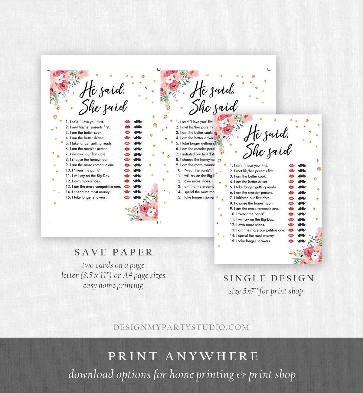 Editable He Said She Said Bridal Shower Game Floral Bride or Groom Wedding Activity Who said it Digital Template Printable 0030 0318