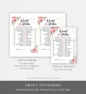 Editable Would She Rather Bridal Shower Game Wedding Shower Activity Floral Pink Gold Confetti Party Download Corjl Printable 0030 0318
