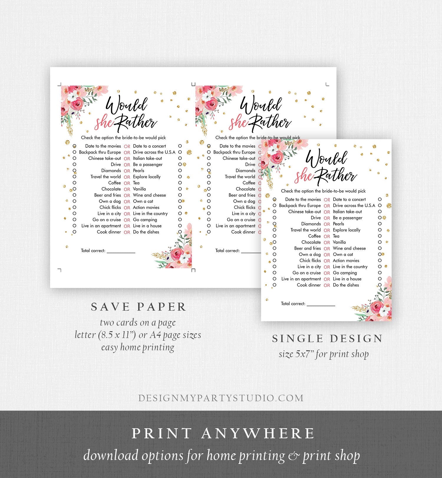 Editable Would She Rather Bridal Shower Game Wedding Shower Activity Floral Pink Gold Confetti Party Digital Template Printable 0030 0318