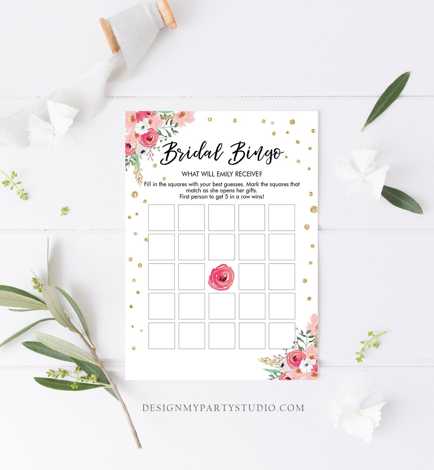 Editable Bingo Bridal Shower Game Wedding Shower Activity Floral Pink Gold Confetti Travel Flowers Corjl Template Printable 0030 0318