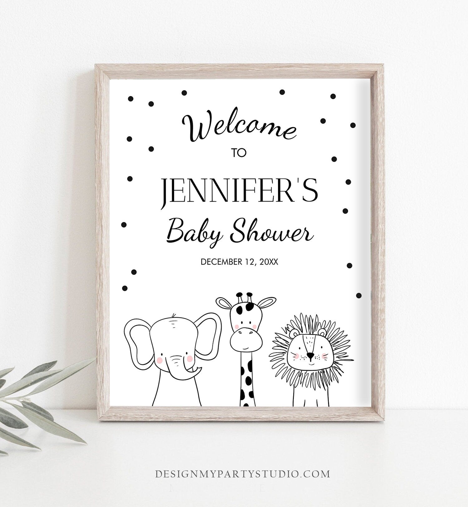 Editable Safari Animals Welcome Sign Black and White Zoo Baby Shower Welcome Sign Jungle Birthday Welcome Template PRINTABLE Corjl 0039