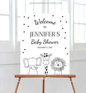 Editable Safari Animals Welcome Sign Black and White Zoo Baby Shower Welcome Sign Jungle Birthday Welcome Template PRINTABLE Corjl 0039