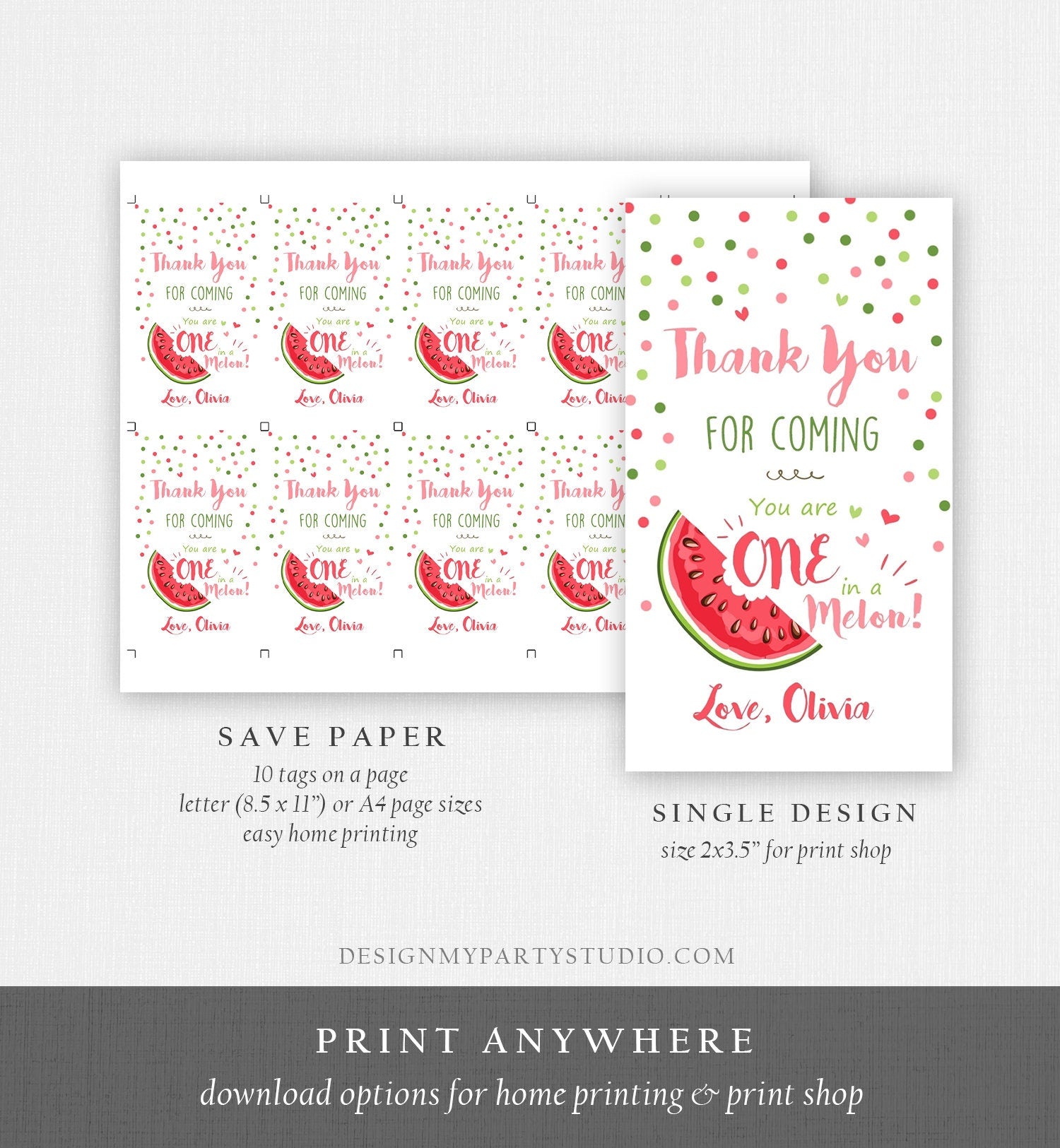 Editable One in a Melon Party Favor Tags Watermelon Birthday Thank You Tags Melon Party Summer Fruit Download Template PRINTABLE Corjl 0120