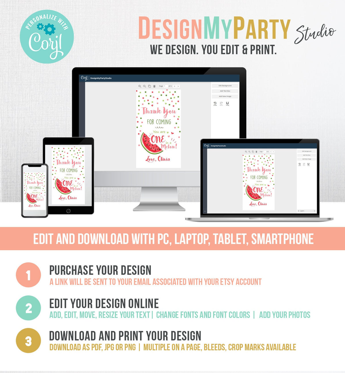 Editable One in a Melon Party Favor Tags Watermelon Birthday Thank You Tags Melon Party Summer Fruit Download Template PRINTABLE Corjl 0120