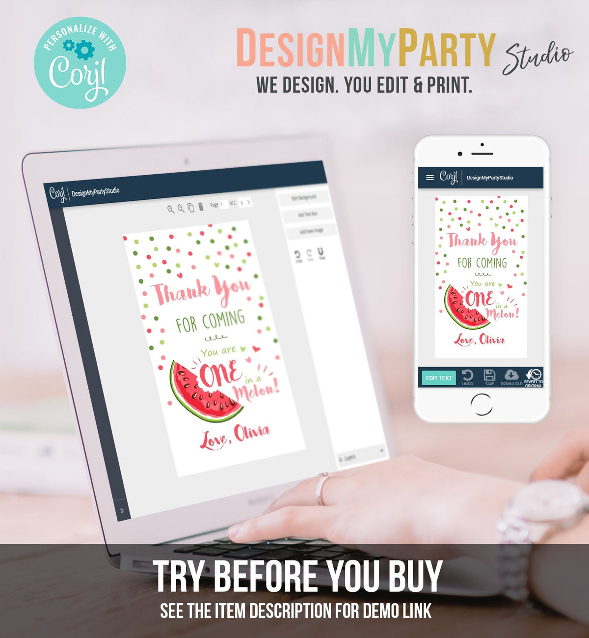 Editable One in a Melon Party Favor Tags Watermelon Birthday Thank You Tags Melon Party Summer Fruit Download Template PRINTABLE Corjl 0120