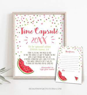 Editable One in a Melon Time Capsule First Birthday Party Watermelon Pink Red Girl Birthday Melon Guestbook Template Printable Corjl 0120
