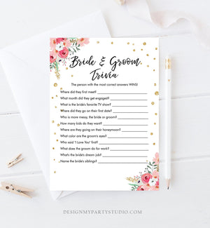 Editable Bride and Groom Trivia Bridal Shower Game Floral Pink Gold Confetti What Did He or She Said Download Corjl Printable 0030 0318