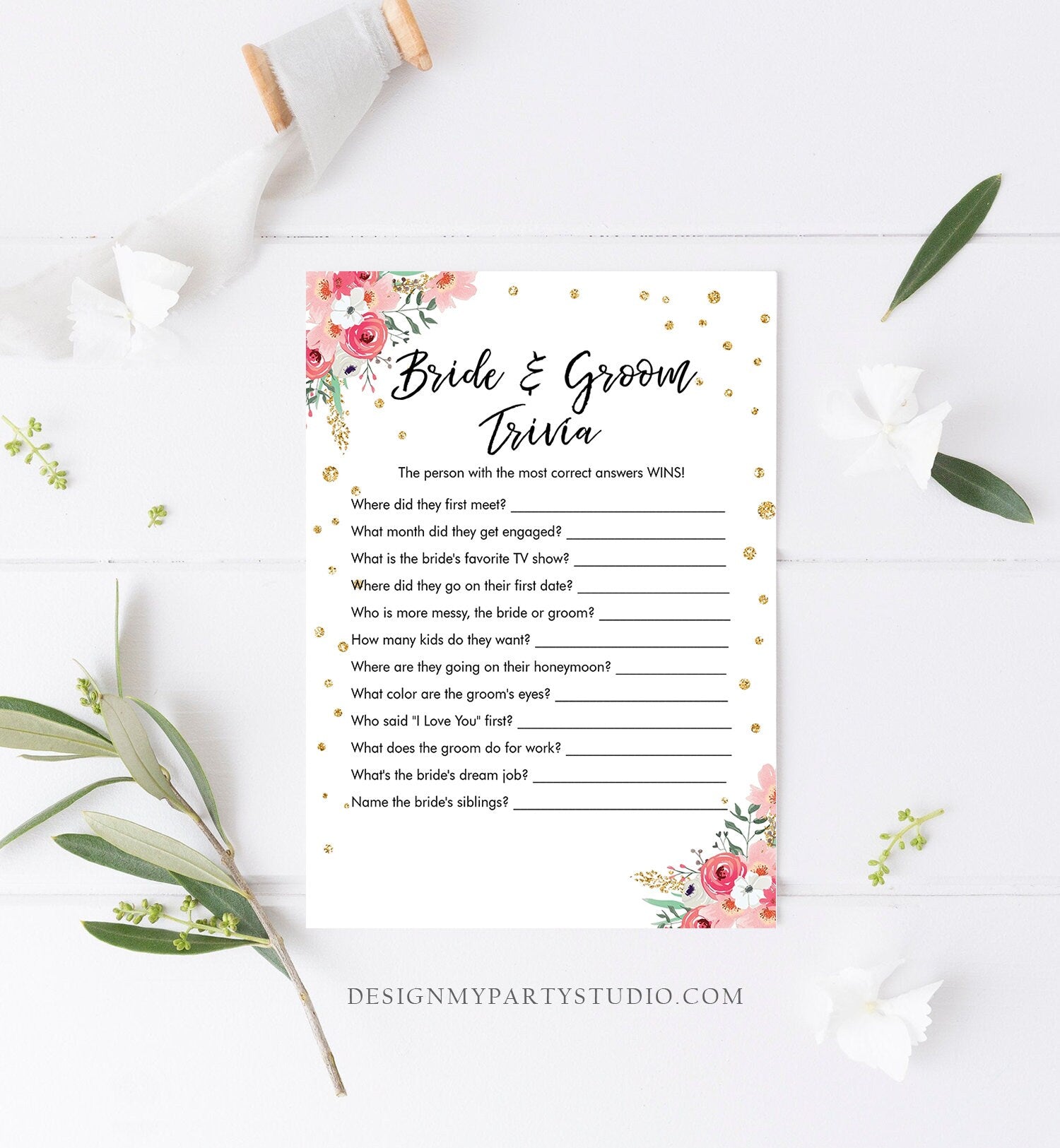 Editable Bride and Groom Trivia Bridal Shower Game Floral Pink Gold Confetti What Did He or She Said Download Corjl Printable 0030 0318