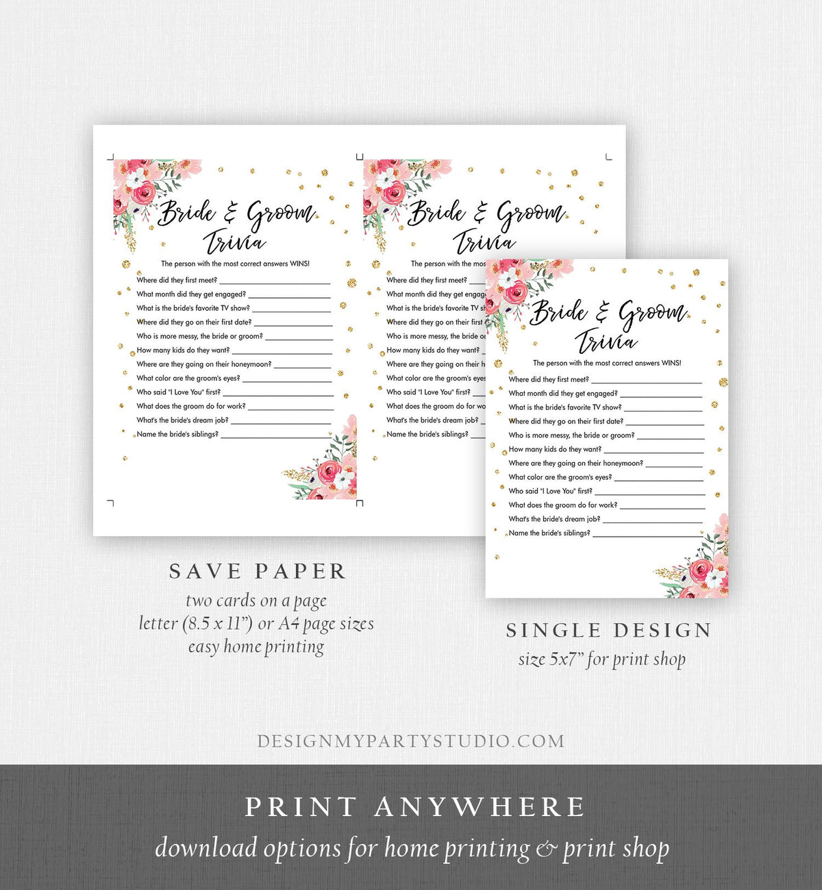 Editable Bride and Groom Trivia Bridal Shower Game Floral Pink Gold Confetti What Did He or She Said Digital Template Printable 0030 0318