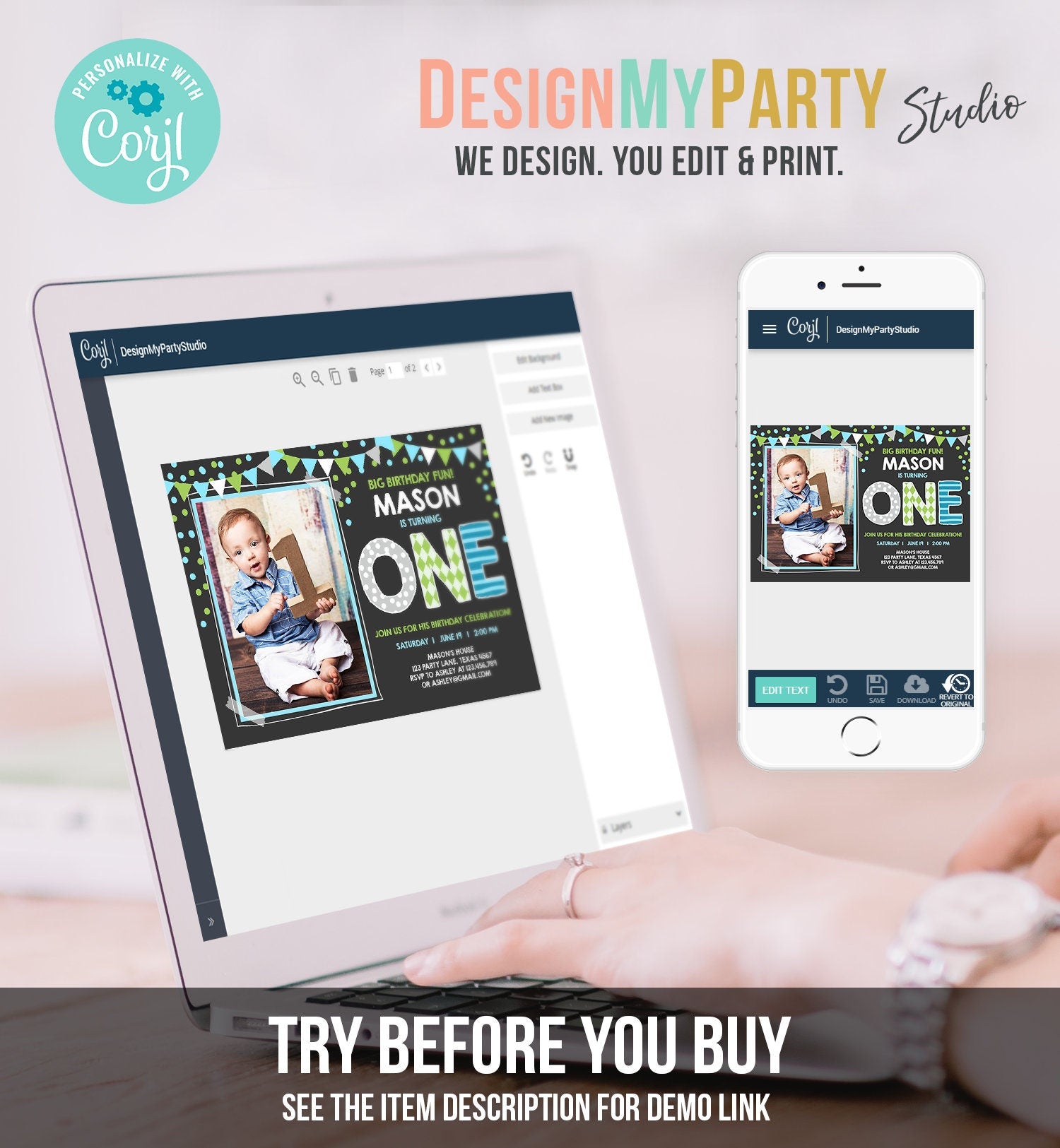 Editable Boy First Birthday Invitation One Green Blue Paper Chalk Confetti 1st Birthday Photo Digital Download Corjl Template Printable 0130