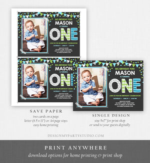 Editable Boy First Birthday Invitation One Green Blue Paper Chalk Confetti 1st Birthday Photo Digital Download Corjl Template Printable 0130