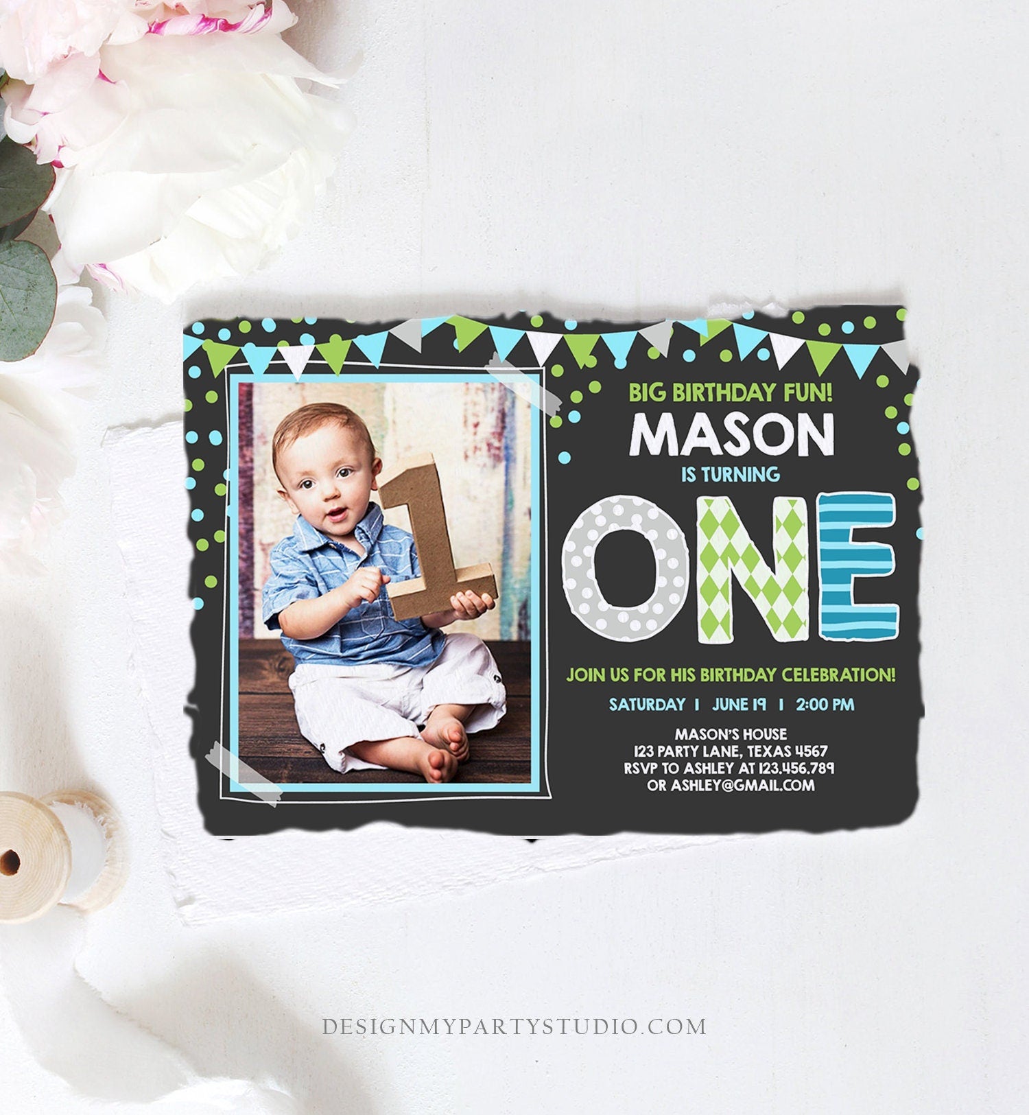 Editable Boy First Birthday Invitation One Green Blue Paper Chalk Confetti 1st Birthday Photo Digital Download Corjl Template Printable 0130