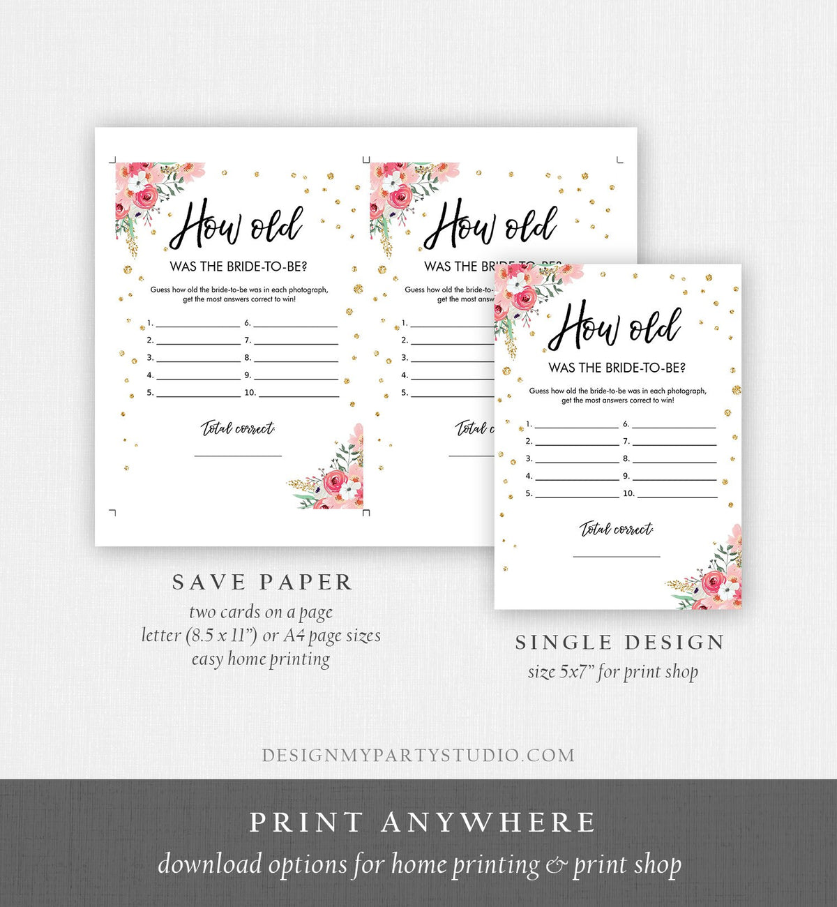 Editable How Old Was The Bride-to-Be Bridal Shower Game Wedding Shower Activity Floral Pink Gold Confetti Corjl Template Printable 0030 0318