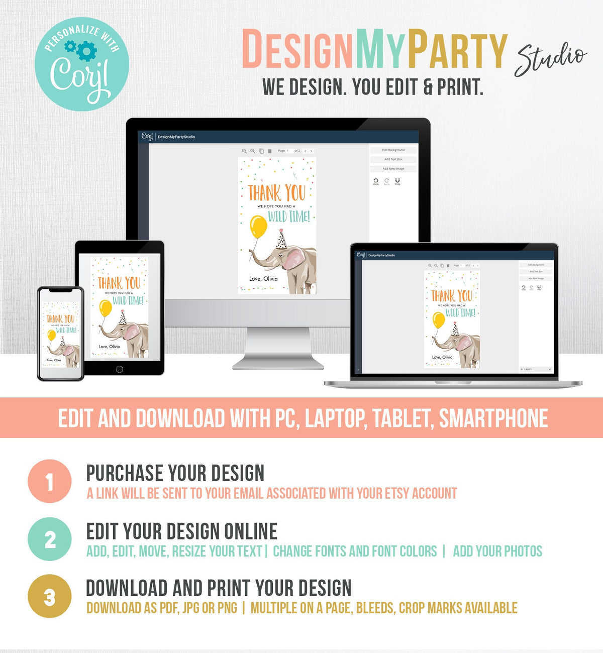 Editable Party Animals Favor tags Wild One Thank you tags Safari Animals Zoo Birthday Wild Time Gift tags Elephant Template Corjl 0142