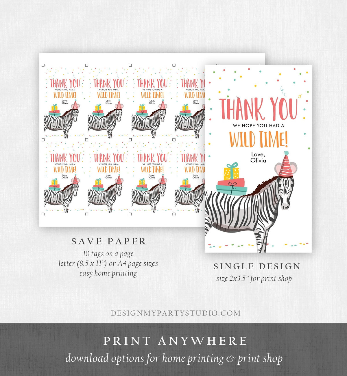 Editable Party Animals Favor Tag Wild One Thank You Tag Safari Animals Zoo Birthday Wild Time Gift Zebra Digital Template Printable 0142