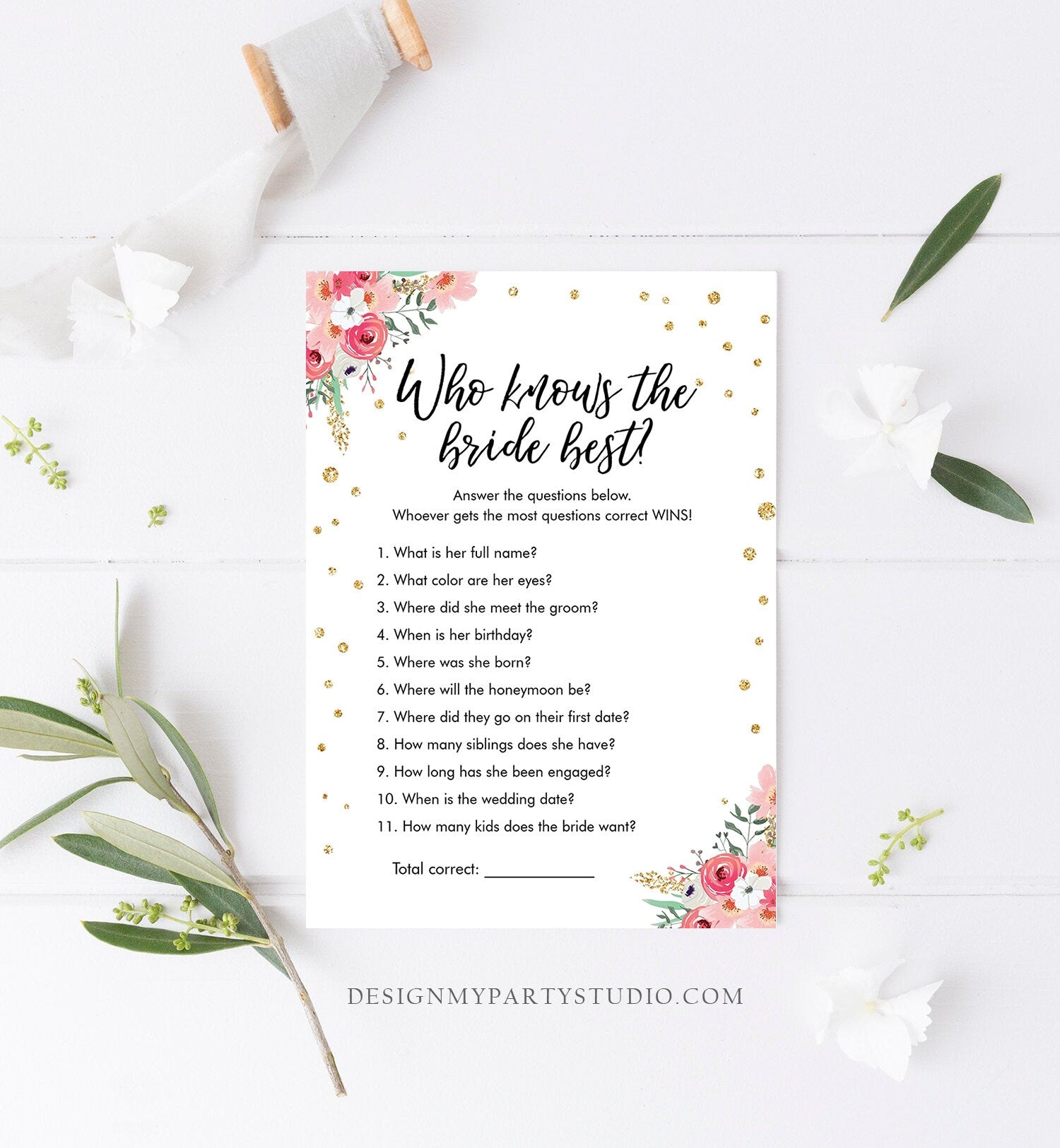 Editable Who Knows the Bride Best Bridal Shower Game Wedding Shower Activity Floral Pink Gold Confetti Corjl Template Printable 0030 0318