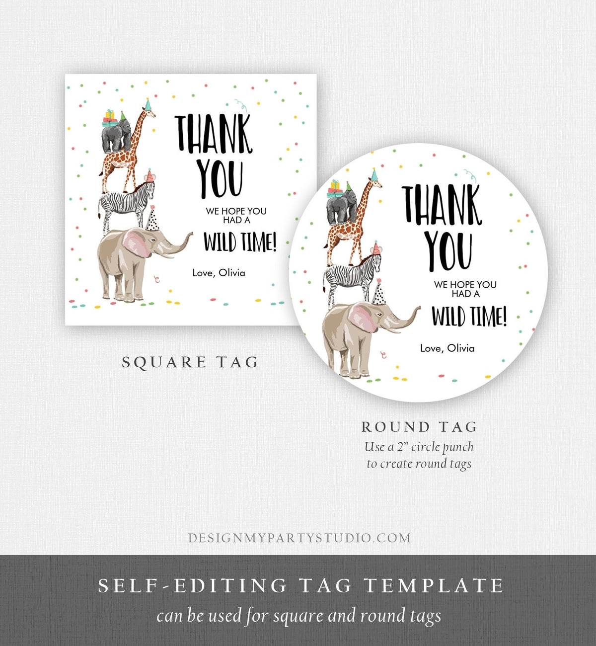 Editable Party Animals Favor Tag Wild One Animals Thank You Tag Safari Animals Birthday Wild Time Stickers Digital Template Printable 0142