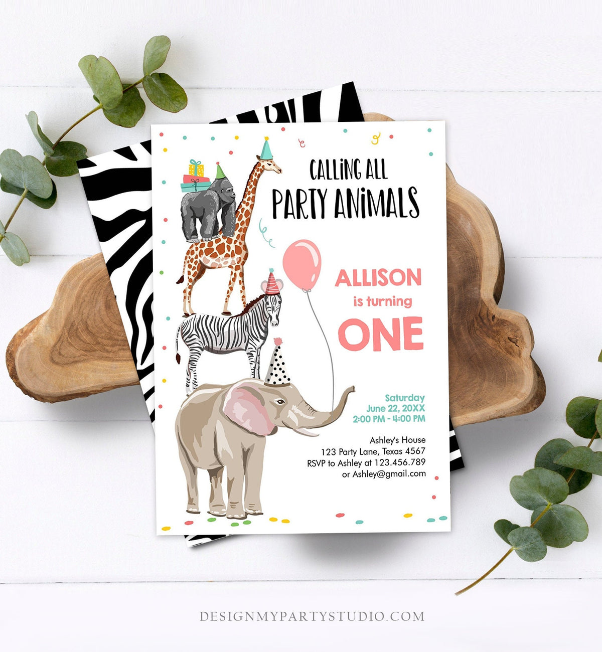 Editable Party Animals Birthday Invitation Wild One Wild Animals Zoo Safari Animals Girl Digital Download Corjl Template Printable 0142