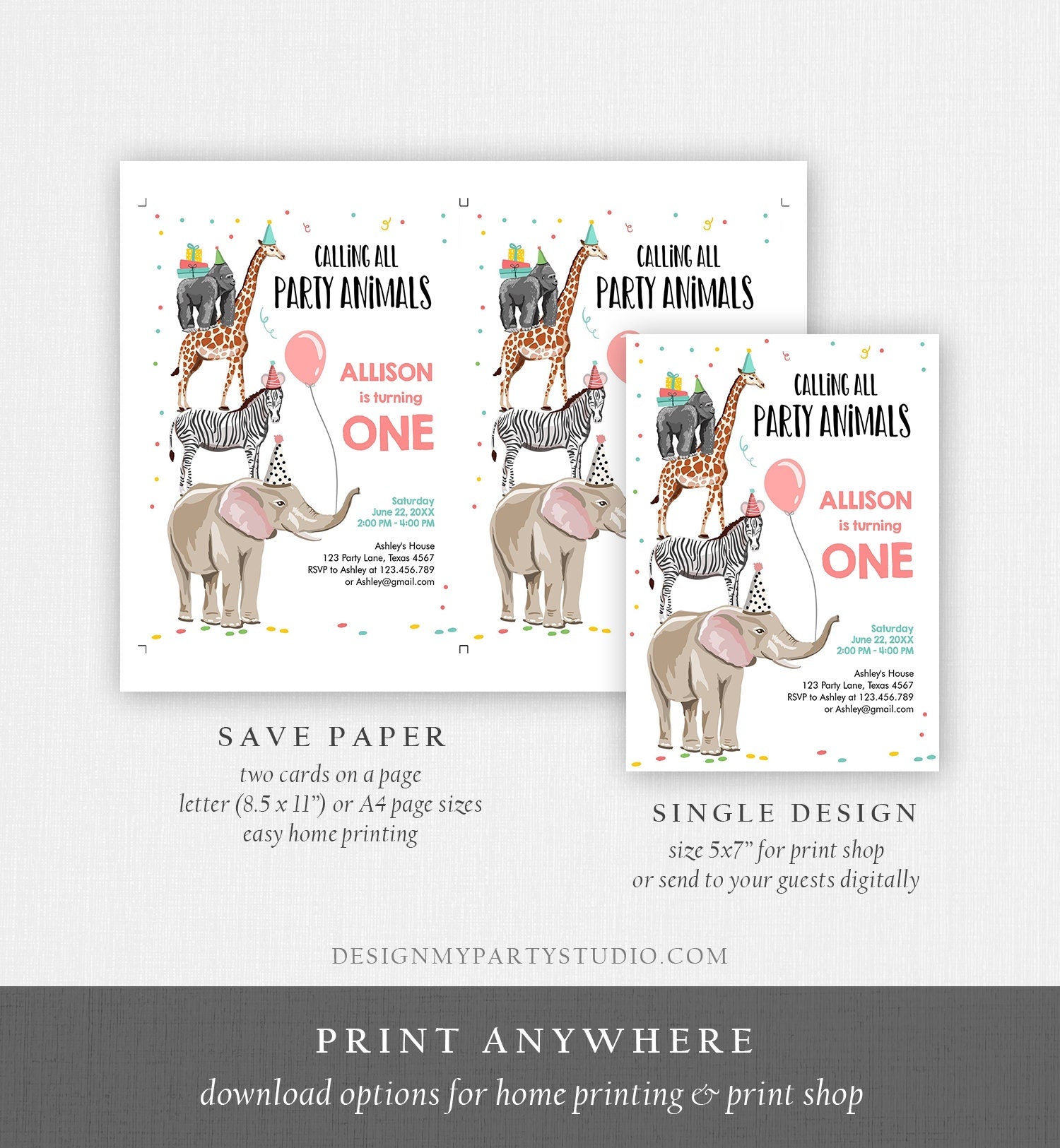 Editable Party Animals Birthday Invitation Wild One Wild Animals Zoo Safari Animals Girl Digital Download Corjl Template Printable 0142