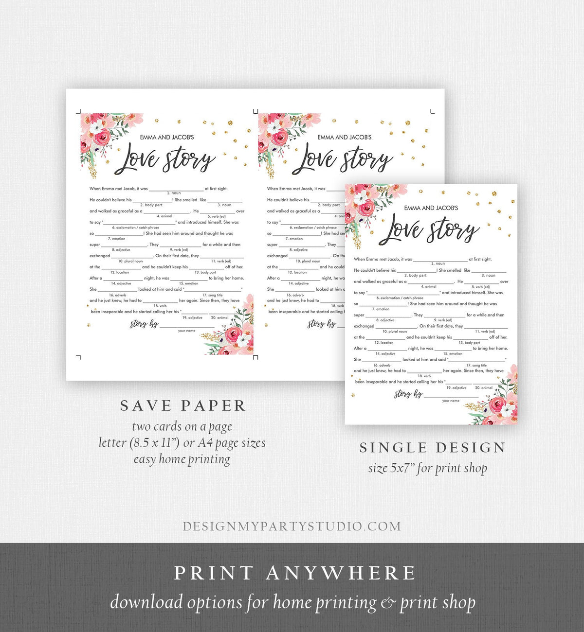 Editable Travel Adventure Floral Bridal Shower Games Bundle Wedding Shower Activity Pink Gold Confetti Digital Template Printable 0030 0318