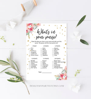 Editable What's in Your Purse Bridal Shower Game Wedding Shower Activity Pink Floral Gold Confetti Flowers Corjl Printable 0030 0318