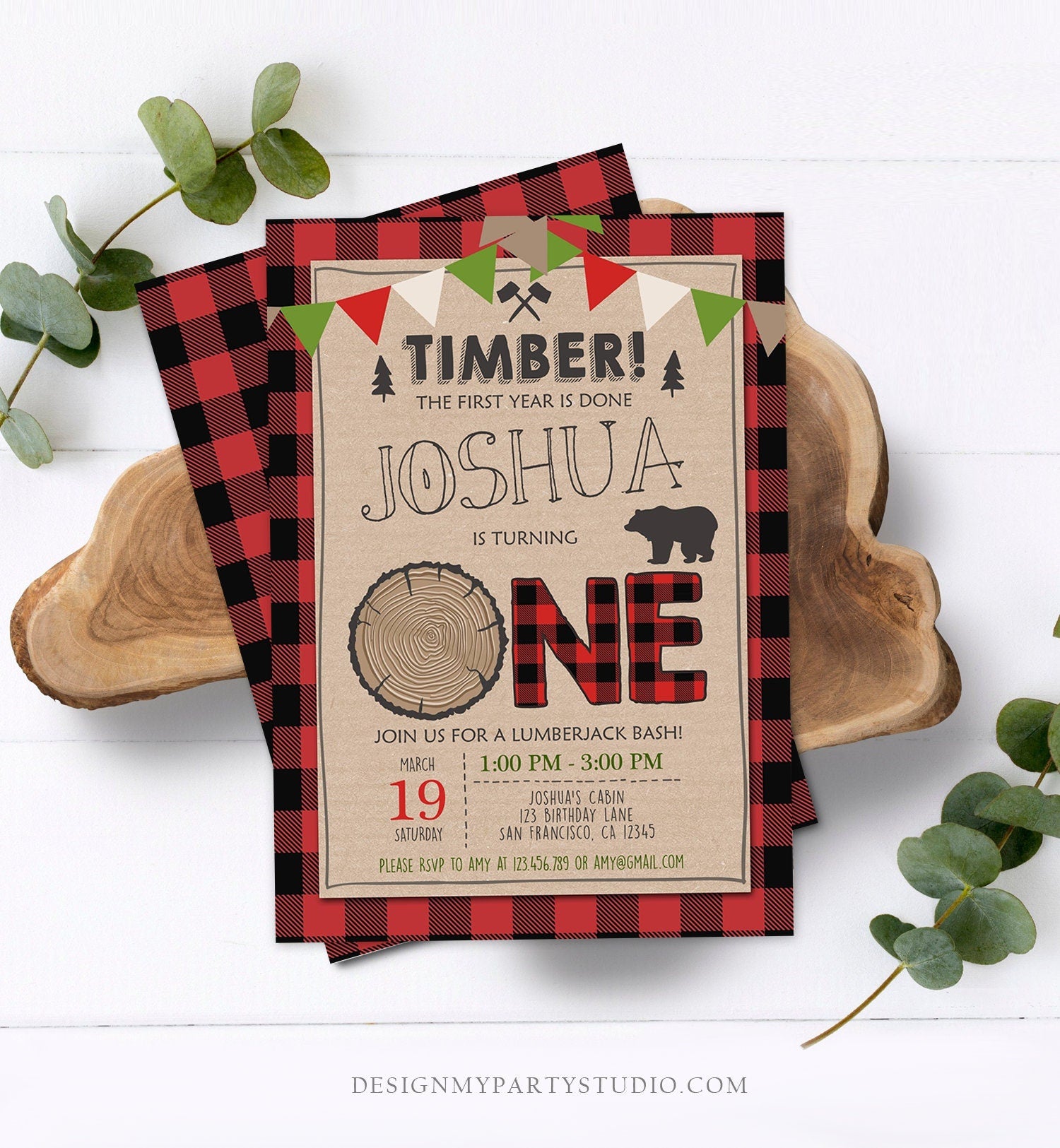 Editable Lumberjack Birthday Invitation Rustic Woodland Birthday Bear Forest Red Plaid Instant Download Printable Template Corjl 0026