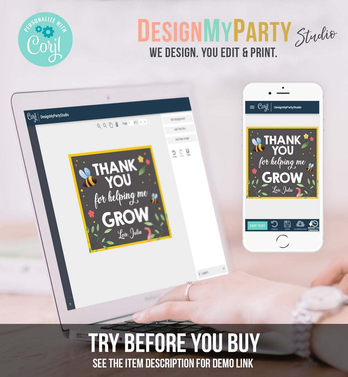 Editable Teacher Appreciation Tags Thank You for Helping me Grow Succulent Thank You Cactus Plant Tag Digital Template Printable 0464