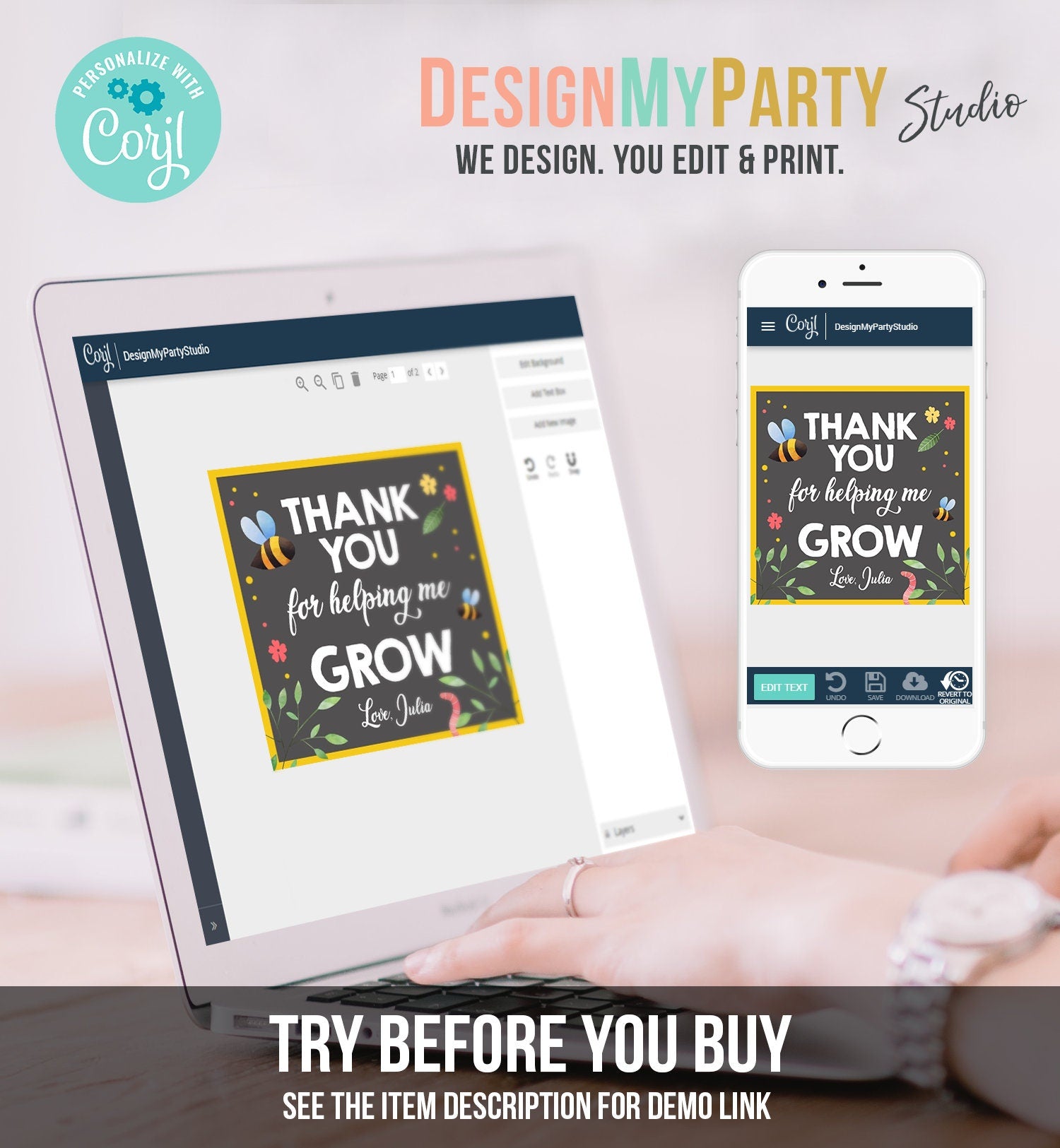 Editable Teacher Appreciation Tags Thank You for Helping me Grow Succulent Thank You Cactus Plant Tag Digital Template Printable 0464